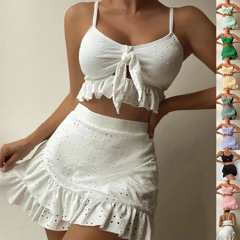 3-piece beach bikini set with hip-hugging skirt and ruffle design in various colors