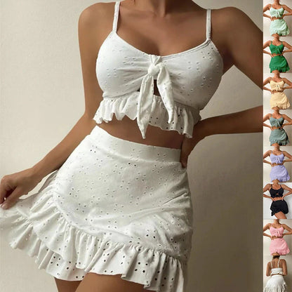 3-piece beach bikini set with hip-hugging skirt and ruffle design in various colors