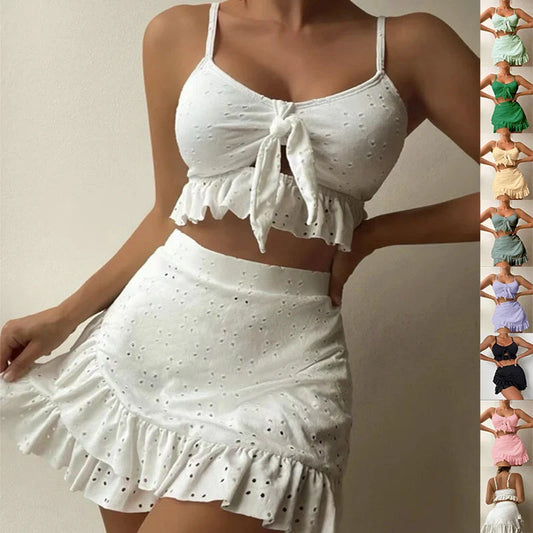 3-piece beach bikini set with hip-hugging skirt and ruffle design in various colors