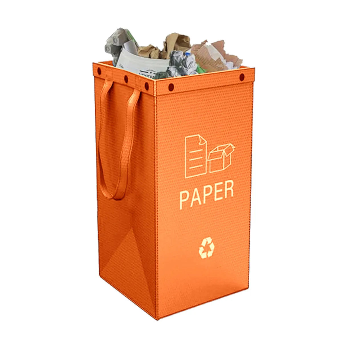 Handbag-style 40-litre garbage bin in blue, showing sorting compartments and 30x50x30cm dimensions
