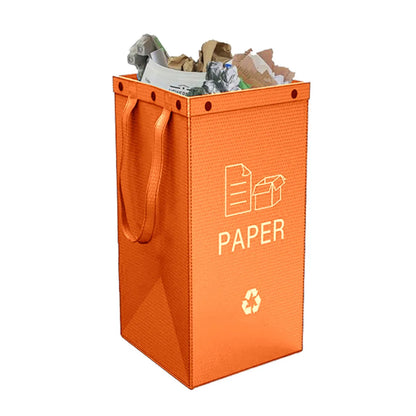 Handbag-style 40-litre garbage bin in blue, showing sorting compartments and 30x50x30cm dimensions