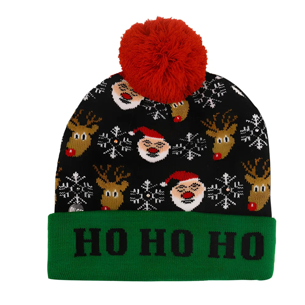 Christmas LED knitted hat with built-in lights showing flexible sizing and integrated illumination system