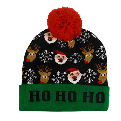 Christmas LED knitted hat with built-in lights showing flexible sizing and integrated illumination system