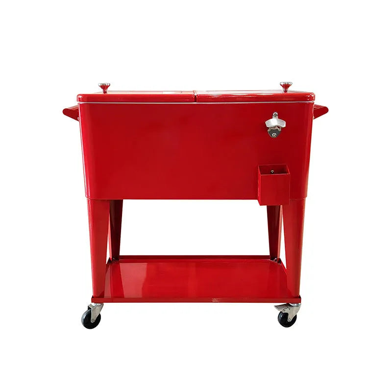 Outdoor insulated trolley ice bucket in red iron and PP construction with 750ml capacity for picnics, drinks, and light luxury styling