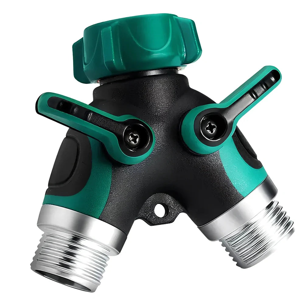 Green Y-type plastic fluid splitter with aluminium-plated copper inlet and zinc alloy outlets measuring 94x91x55mm