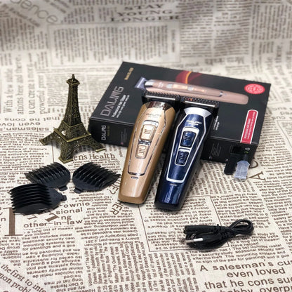 Dark blue rechargeable electric hair clipper with stainless steel adjustable blades on white background