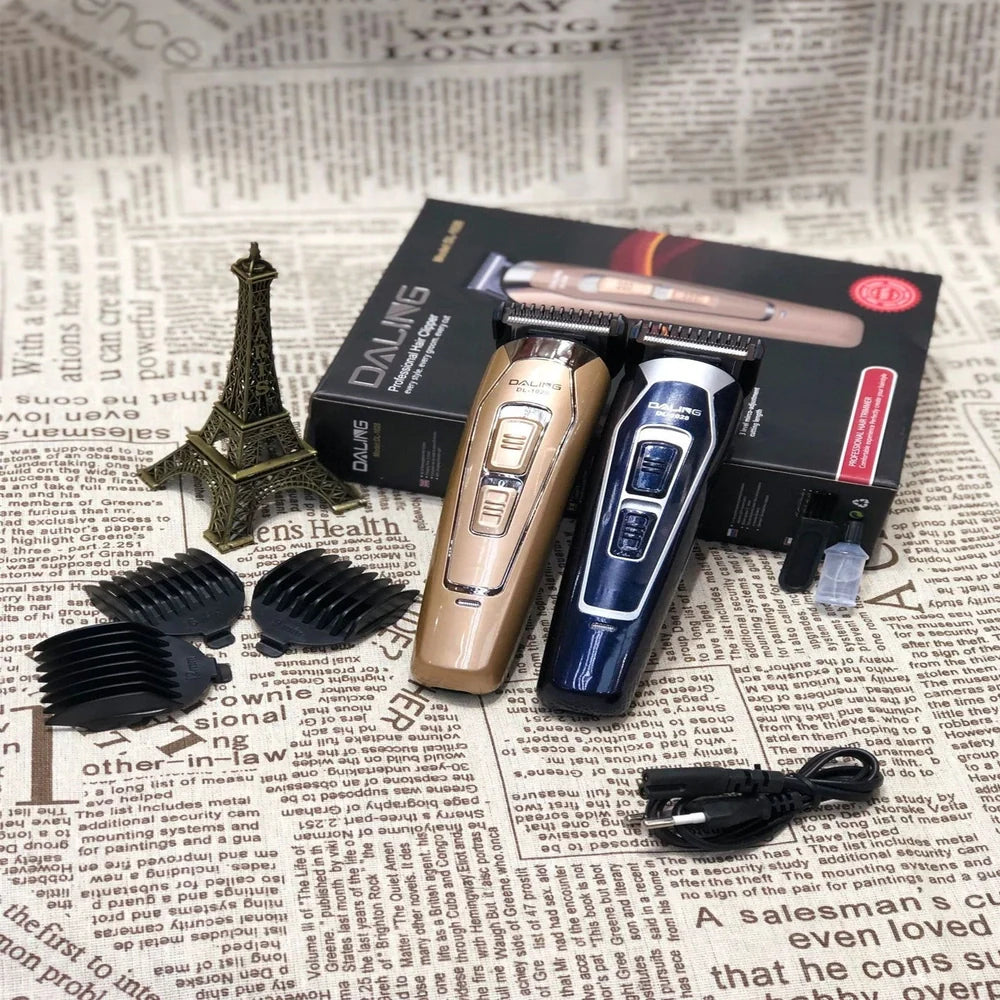 Dark blue electric hair clipper with stainless steel blades and European charging plug