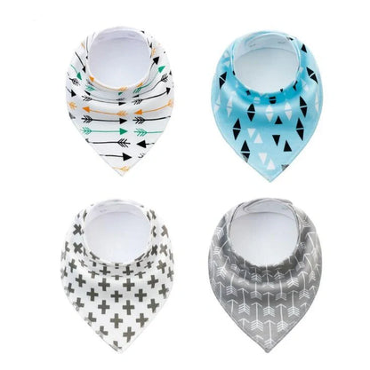 Stylish baby bibs and burp cloths featuring trendy arrow, wave, and triangle designs in soft, absorbent cotton