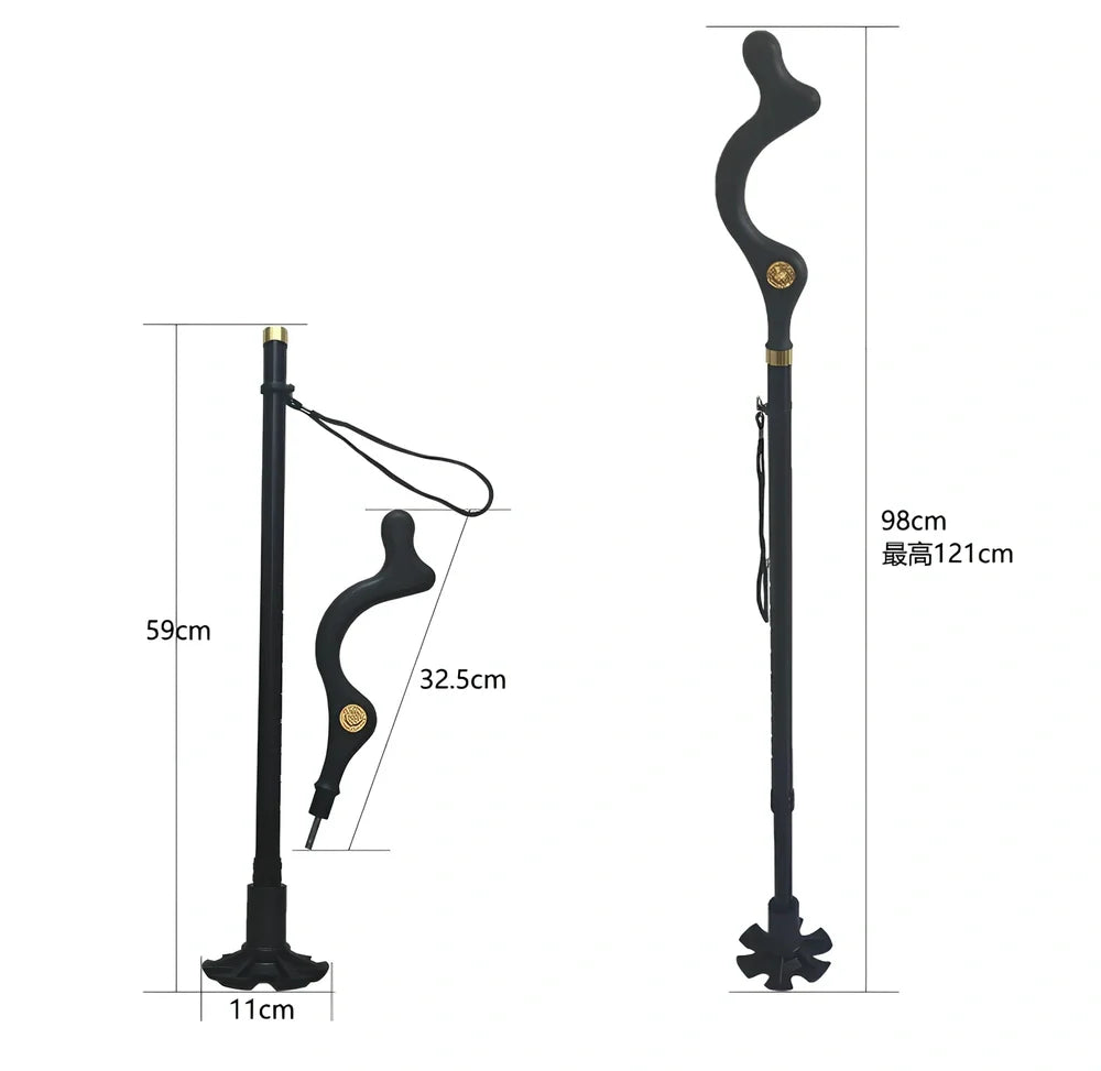 Telescopic folding walking stick with ergonomic handle extended to full height showing 6-tip base design