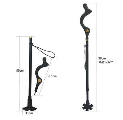 Telescopic folding walking stick with ergonomic handle extended to full height showing 6-tip base design