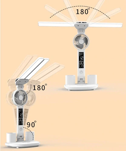 Foldable LED desk lamp with thermometer, calendar, fan, and pen holder