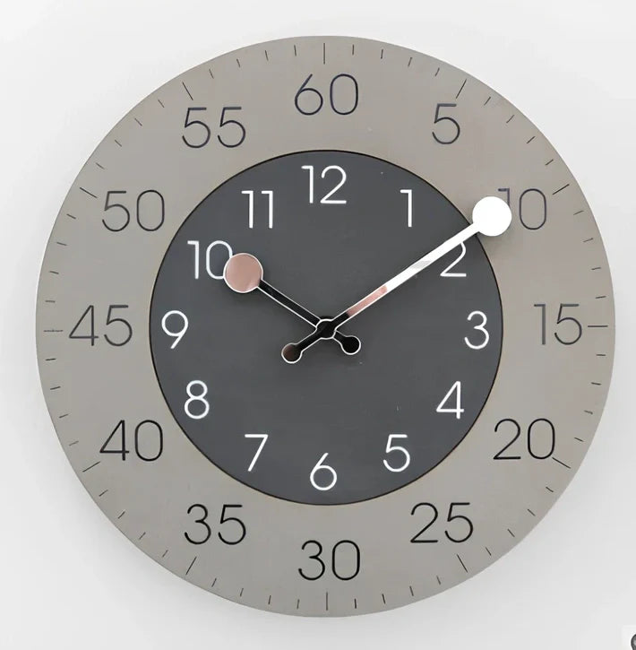 Round decorative wall clock with 30cm diameter in blue, green, grey, orange, red, or yellow colour options
