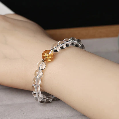 Geometric obsidian black agate white crystal bracelet with golden dragon charm on 14-16cm wrist