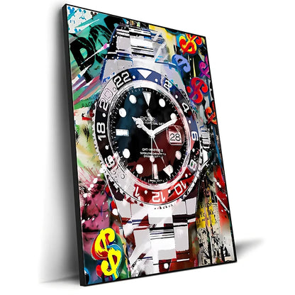 Spray-painted watch graffiti canvas art on oil painting cloth with white border