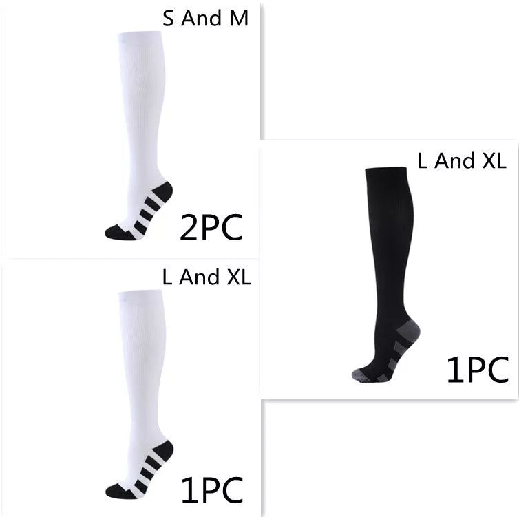 Athletic compression socks with three-bar design in black, pink, and white