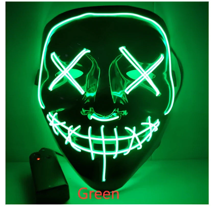 Black V-shaped electroluminescent Halloween mask glowing with uniform illumination, showing folding capability and plastic construction