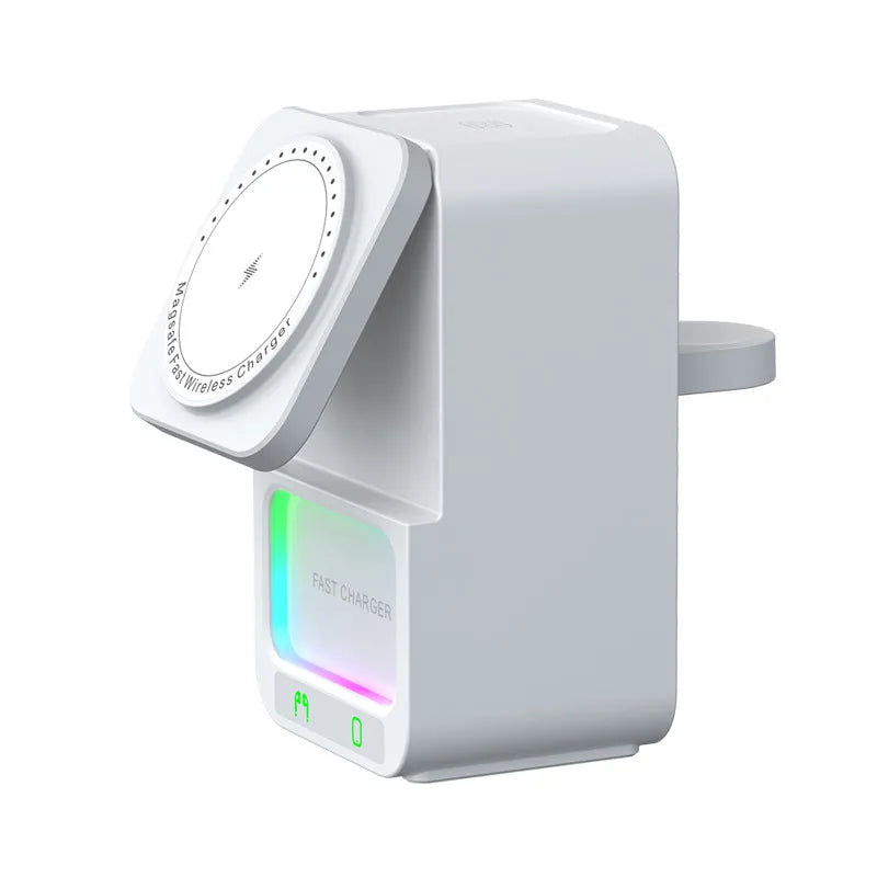 White and black Bluetooth speaker with 5-in-1 wireless charging station showing QC3.0 charging support
