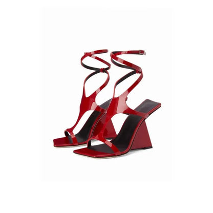 Women's black high heel sandals with a square toe and ankle buckle on a 9.5cm heel.