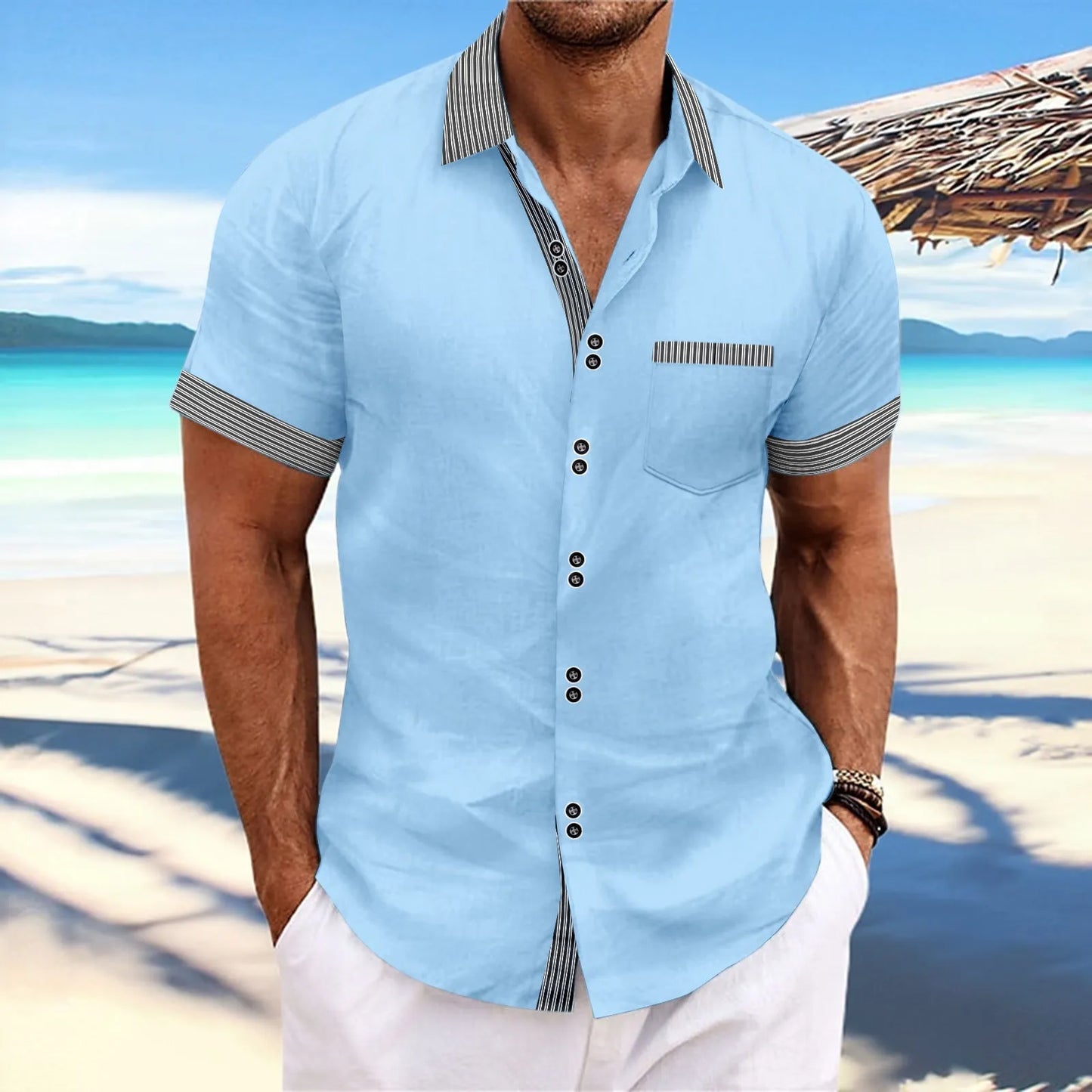 Men's slim fit striped casual shirt in pure cotton, shown on a hanger.