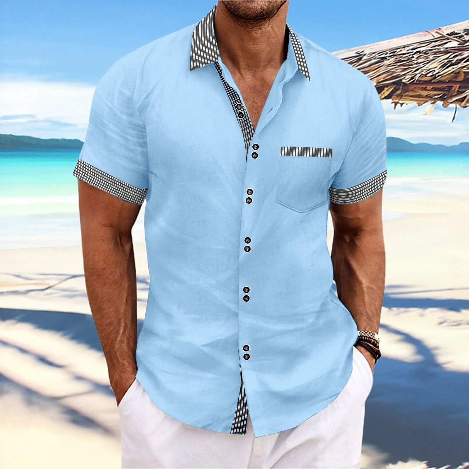 Men's slim fit striped casual shirt in pure cotton, shown on a hanger.