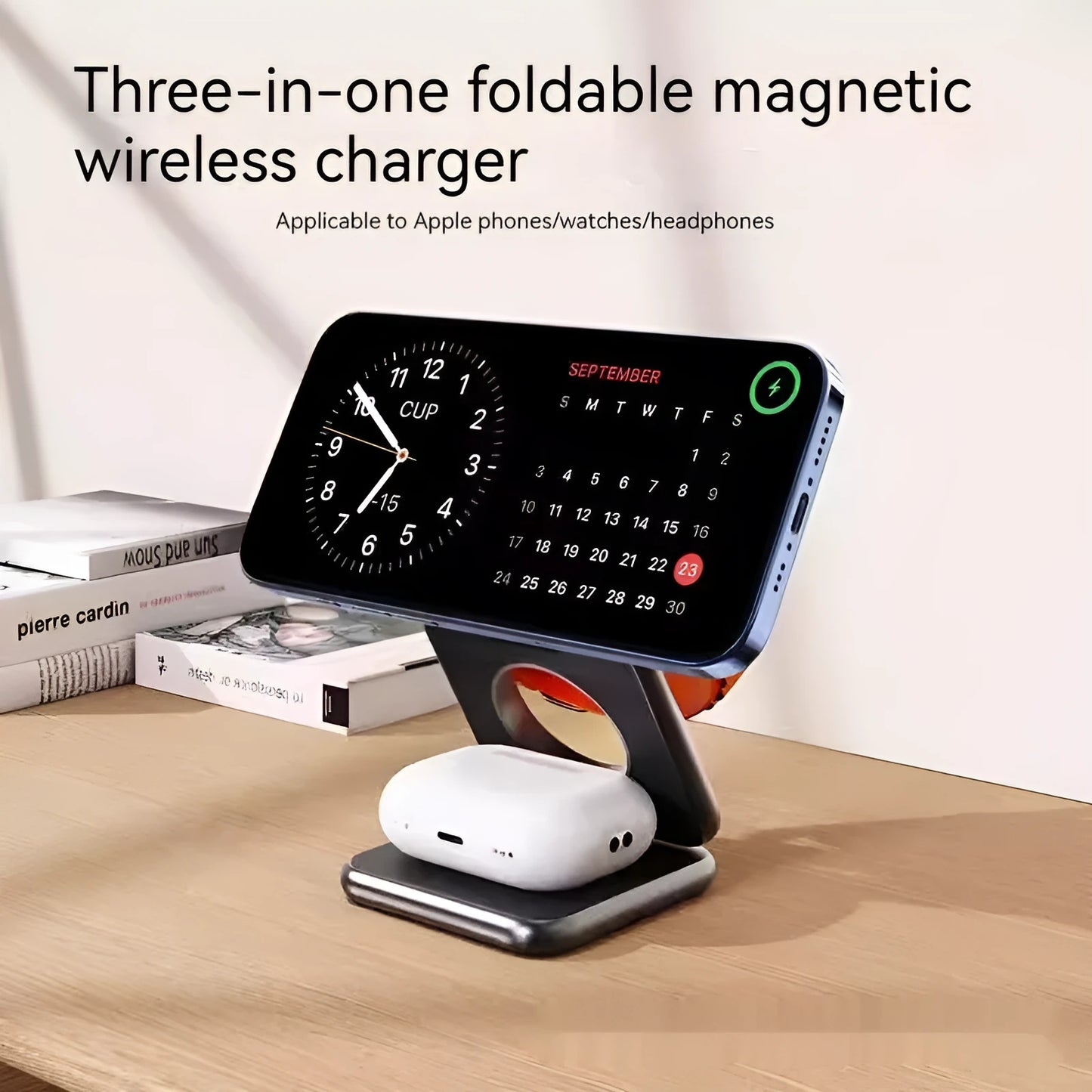 White foldable magnetic wireless charging phone holder shown open and closed
