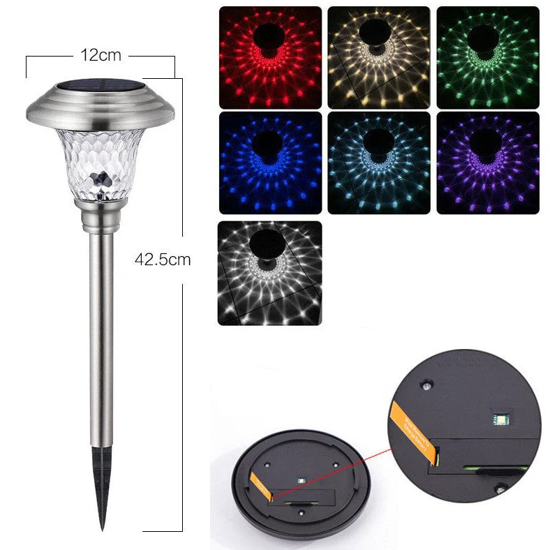 Solar outdoor lawn light in garden setting showing 12×12×42.5cm dimensions and solar panel