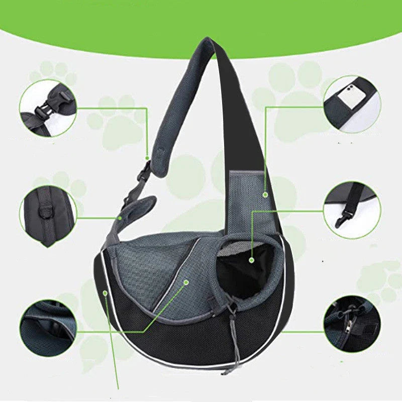A stylish and secure crossbody bag designed to carry pets comfortably on the go, featuring adjustable drawstring closure and bottom zipper for easy access.