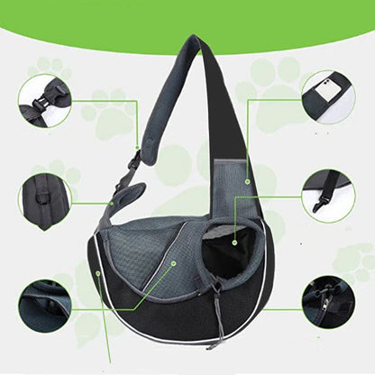 A stylish and secure crossbody bag designed to carry pets comfortably on the go, featuring adjustable drawstring closure and bottom zipper for easy access.