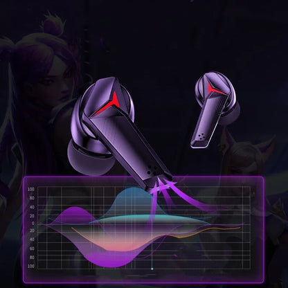 Black wireless Bluetooth gaming headset with earplug design and 10-metre transmission range