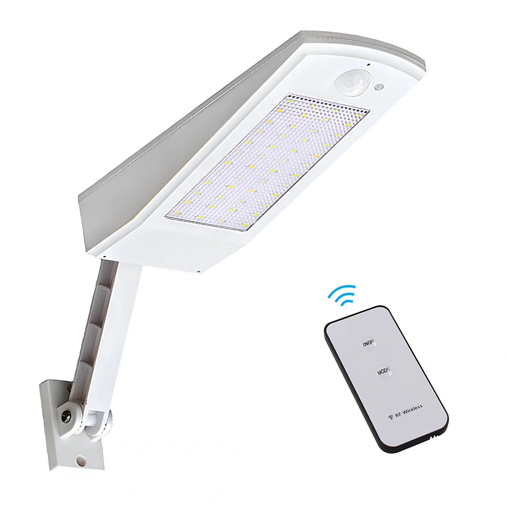 Adjustable solar light with motion sensor showing black or white finish options