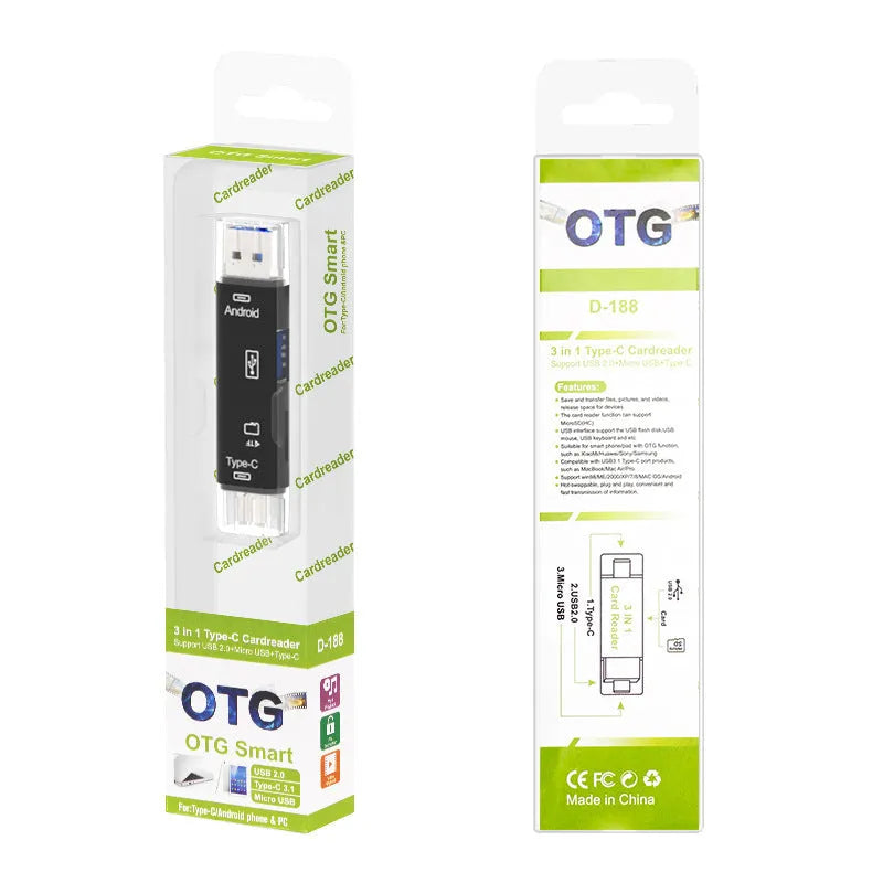 Black Type-C Micro USB OTG adapter with USB-A port and TF card slot on a white background.