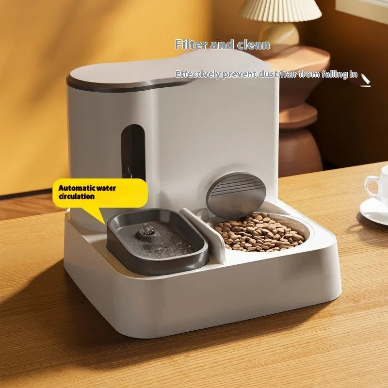 Cat automatic pet feeder water dispenser integrated double bowl drinking pet feeding device with multiple style options including basic, upgraded, and luxury electric circulating water versions in grey, green, and yellow colours