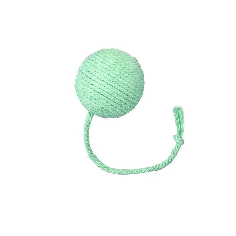 Interactive cat toy ball with bell and rope in green, pink, purple or yellow colours, shown in 3cm and 6cm sizes