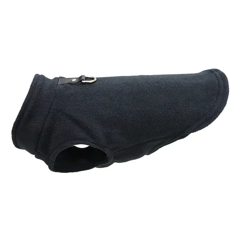 Polar fleece dog waistcoat in solid colour on small dog showing side-open design