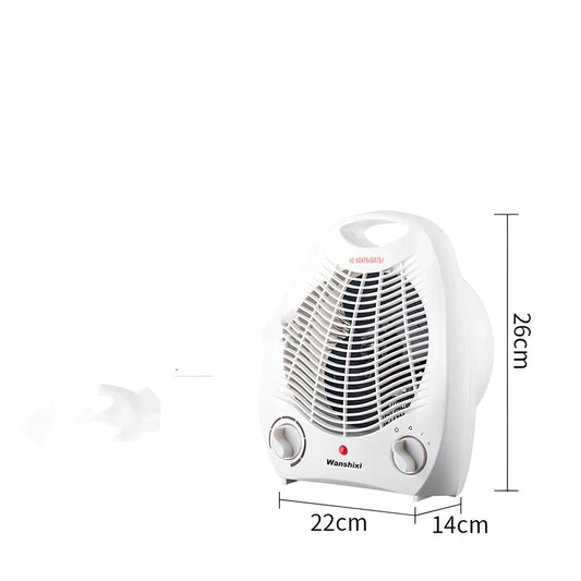 White compact electric heater with mechanical control knob for three-speed operation