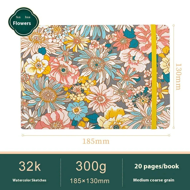 Feiluniao watercolour notebook with fabric cover, 185mm length, open to show paper for painting.