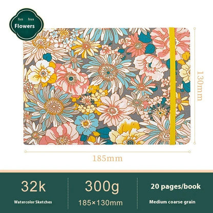 Feiluniao watercolour notebook with fabric cover, 185mm length, open to show paper for painting.