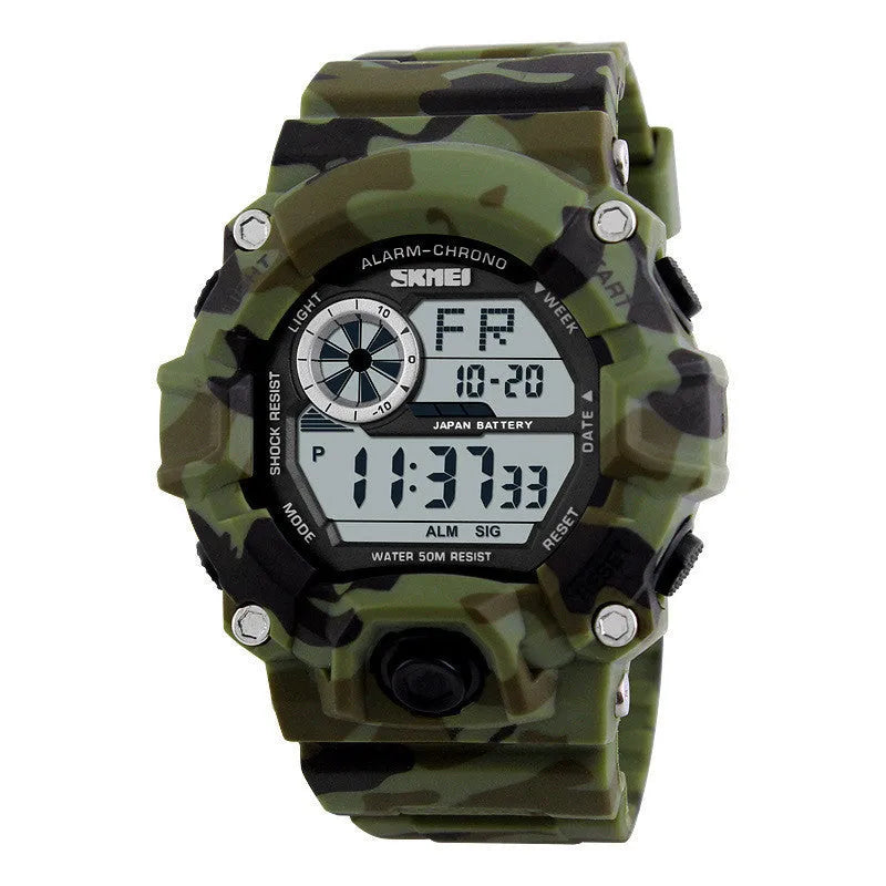 Waterproof electronic watch with round dial, plastic strap, in army green colour, showing alarm and GMT functions.