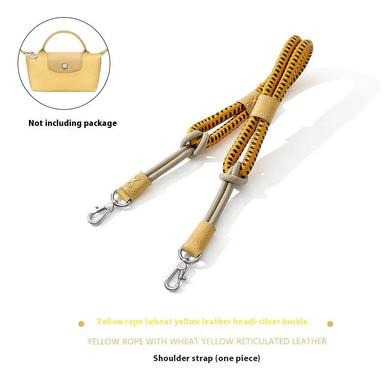 Braided rope shoulder strap with alloy hardware in silver or gold finish options