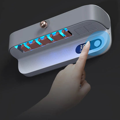 White wall-mounted smart toothbrush steriliser holder with UV disinfection and USB charging port