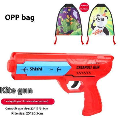 Blue plastic kite gun toy with rubber band launcher and 90g kite for children's outdoor play