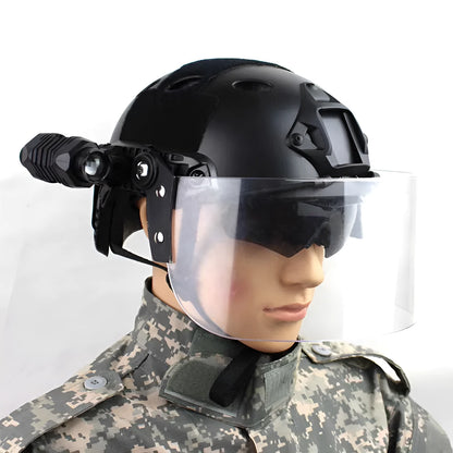 Transparent polycarbonate face shield helmet attachment with guide rail mount measuring 30cm by 15cm