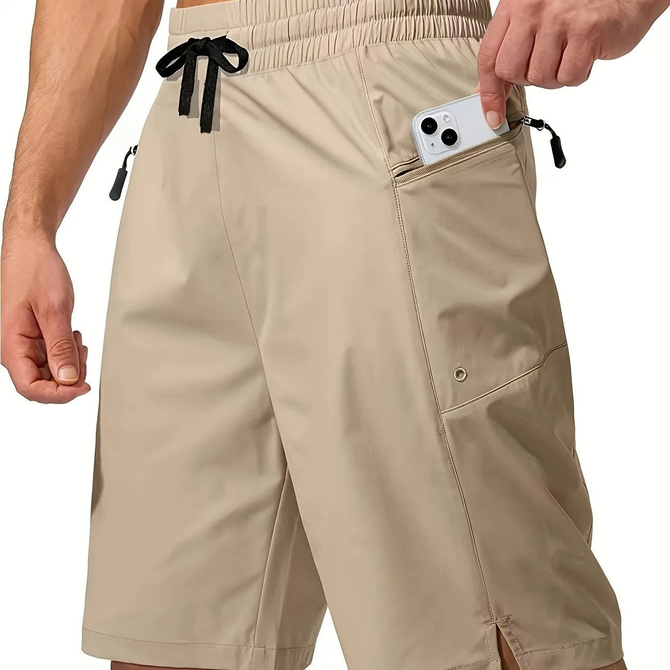 Men's solid-colour quick-drying beach shorts in a straight-leg style on a neutral background.