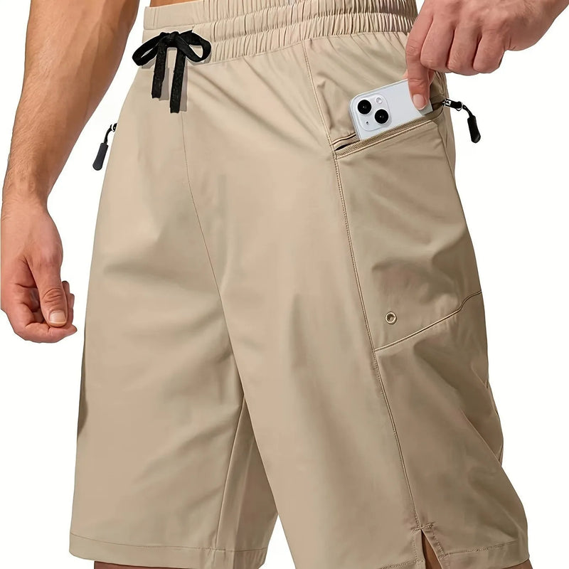 Men's quick-drying beach shorts in a solid colour and straight-leg cut, available in Army Green, Silvery Grey, Khaki, Lake Blue, Navy Blue, Burgundy, Black, Dark Pink, or Dark Gray, sized from S to XXL.