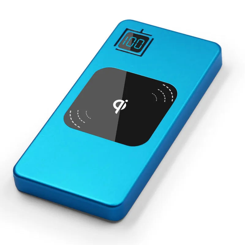 Silver alloy portable power bank with LCD screen showing battery percentage, next to a smartphone.