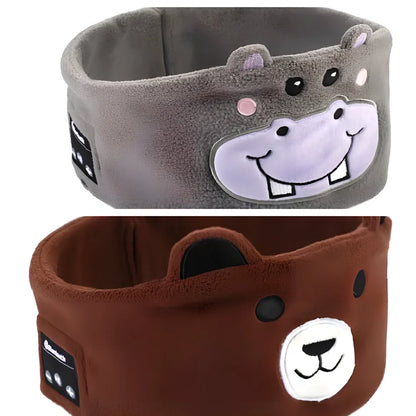 Bluetooth animal headband sleep mask with dinosaur hood showing integrated speakers and wireless design