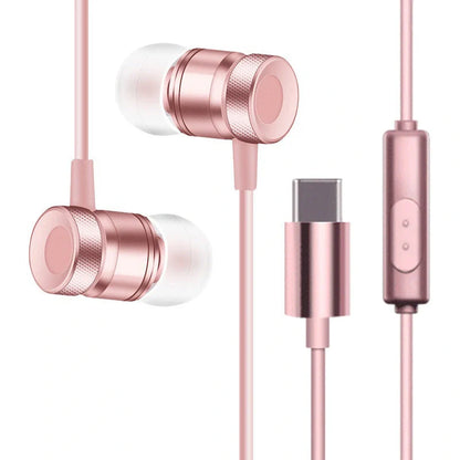 In-ear music video headphones with environmental TPE material in black, silver, pink, and gold