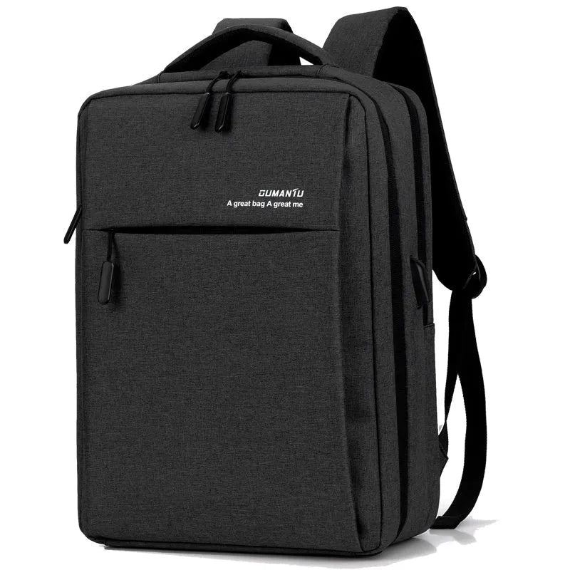 Rechargeable waterproof black Oxford cloth laptop backpack for a 15.6-inch computer.