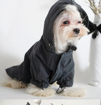 Black reflective dog hoodie with color-changing feature for nighttime visibility