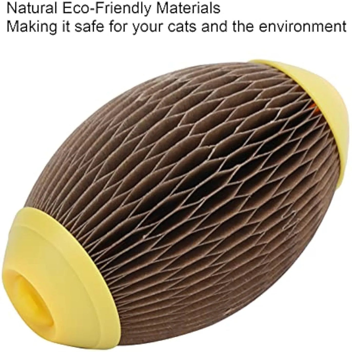 Ellipse-shaped recycled corrugated paper cat toy football with scratch surface and pull-open catnip compartment.